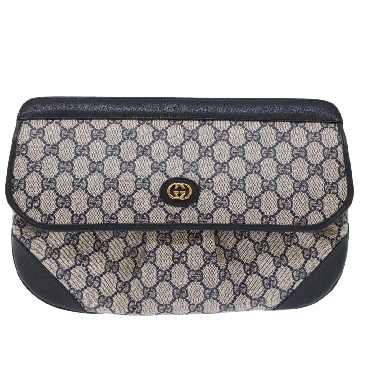 GUCCI GG Canvas Clutch Bag PVC Leather Gray Navy Auth ep1131