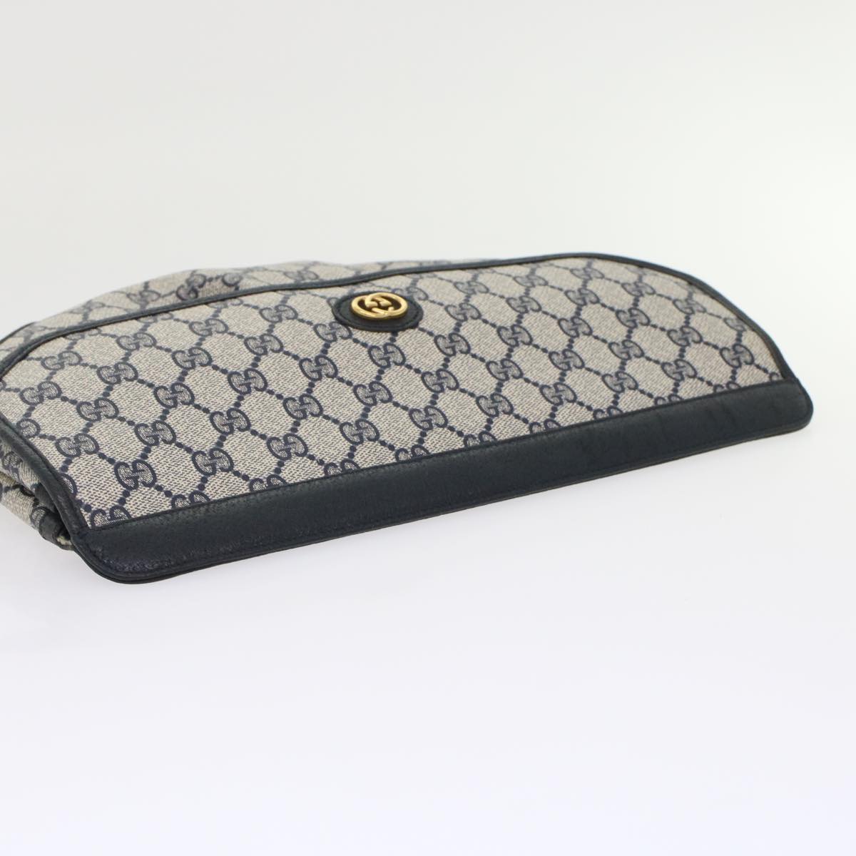 GUCCI GG Canvas Clutch Bag PVC Leather Gray Navy Auth ep1131