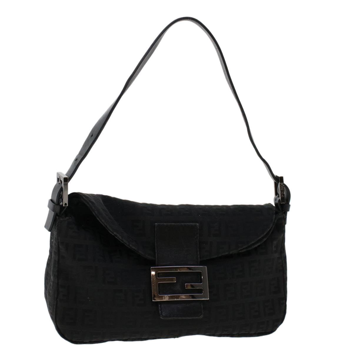 FENDI Zucchino Canvas Mamma Baguette Shoulder Bag Leather Black Auth ep1135