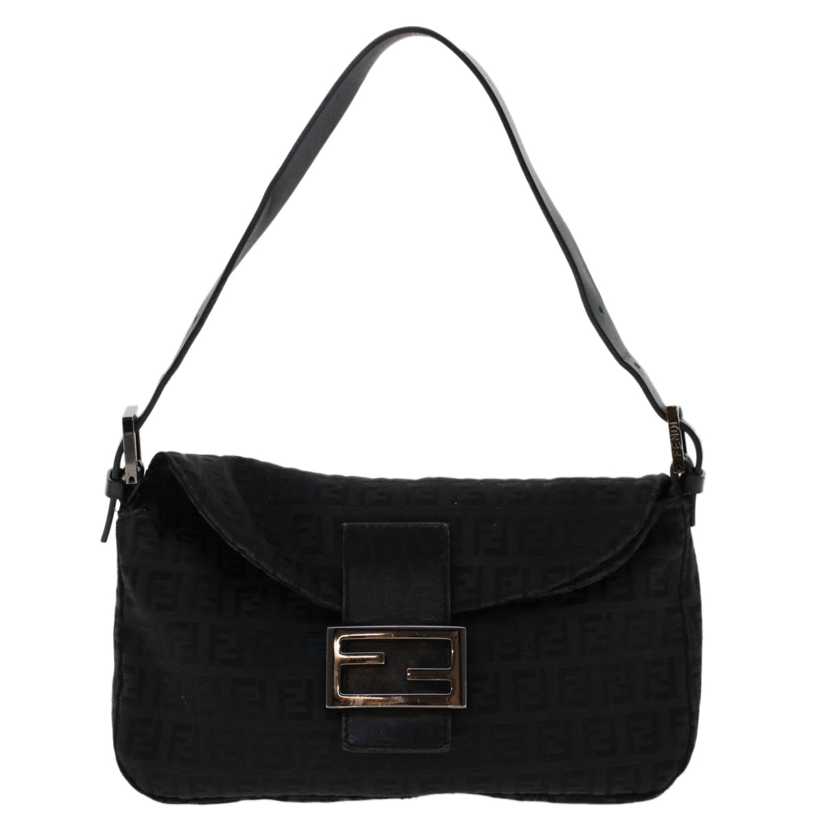 FENDI Zucchino Canvas Mamma Baguette Shoulder Bag Leather Black Auth ep1135