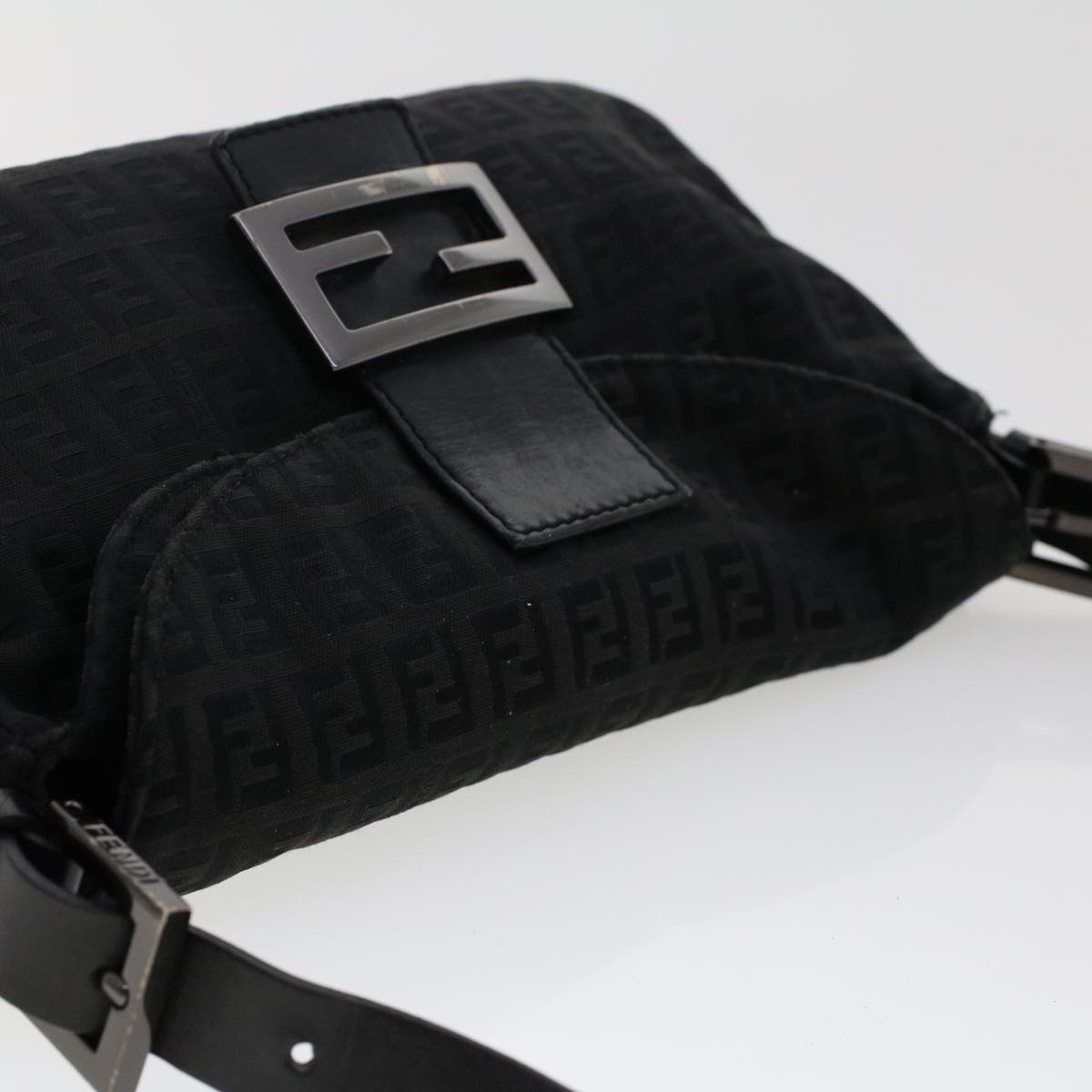 FENDI Zucchino Canvas Mamma Baguette Shoulder Bag Leather Black Auth ep1135