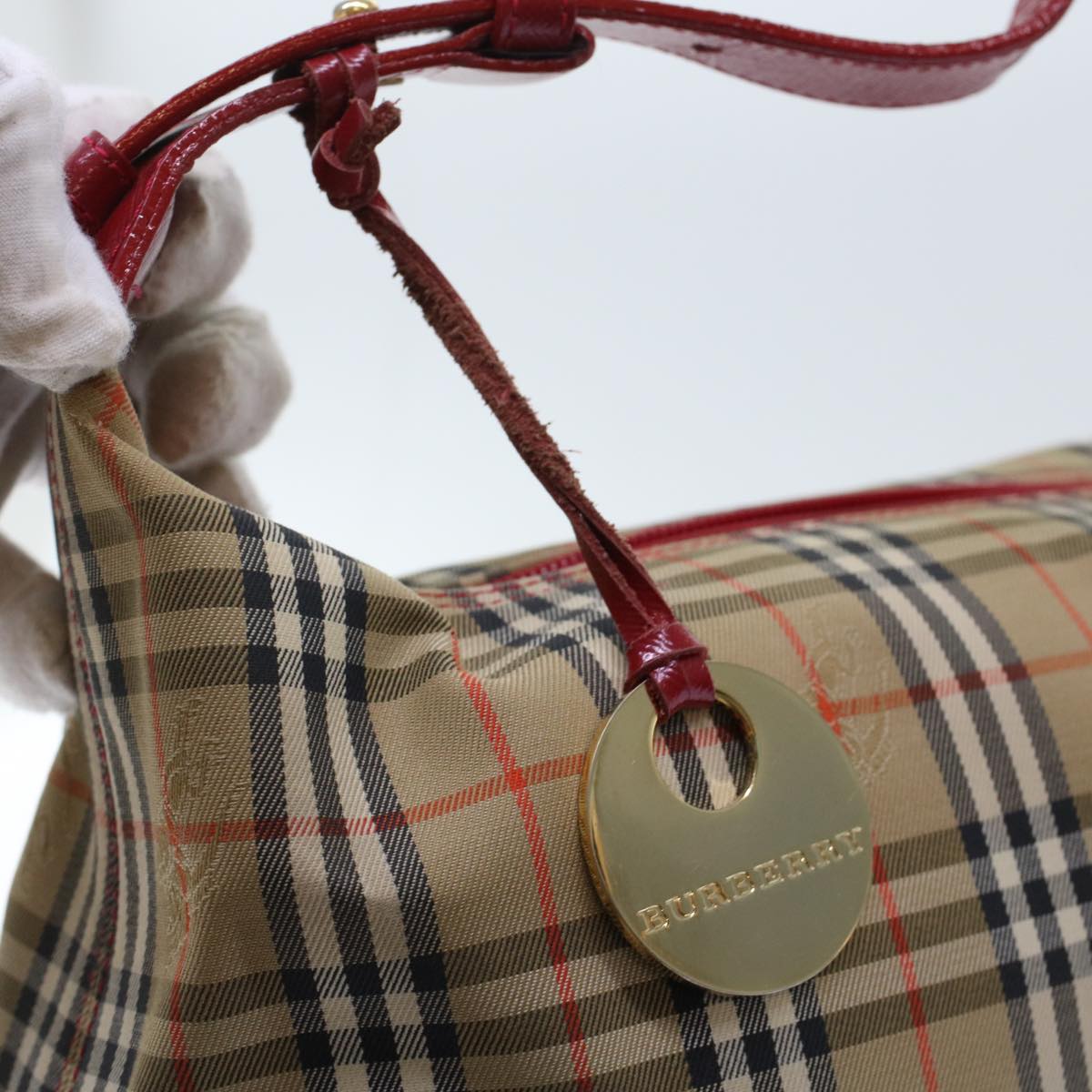 BURBERRY Nova Check Shoulder Bag Canvas Leather Beige Red Auth ep1162