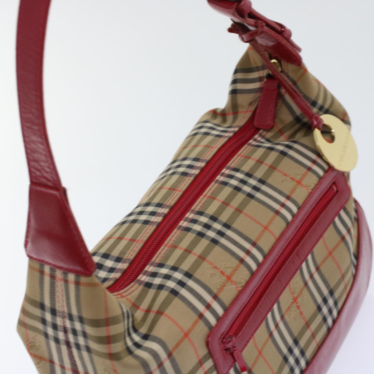 BURBERRY Nova Check Shoulder Bag Canvas Leather Beige Red Auth ep1162