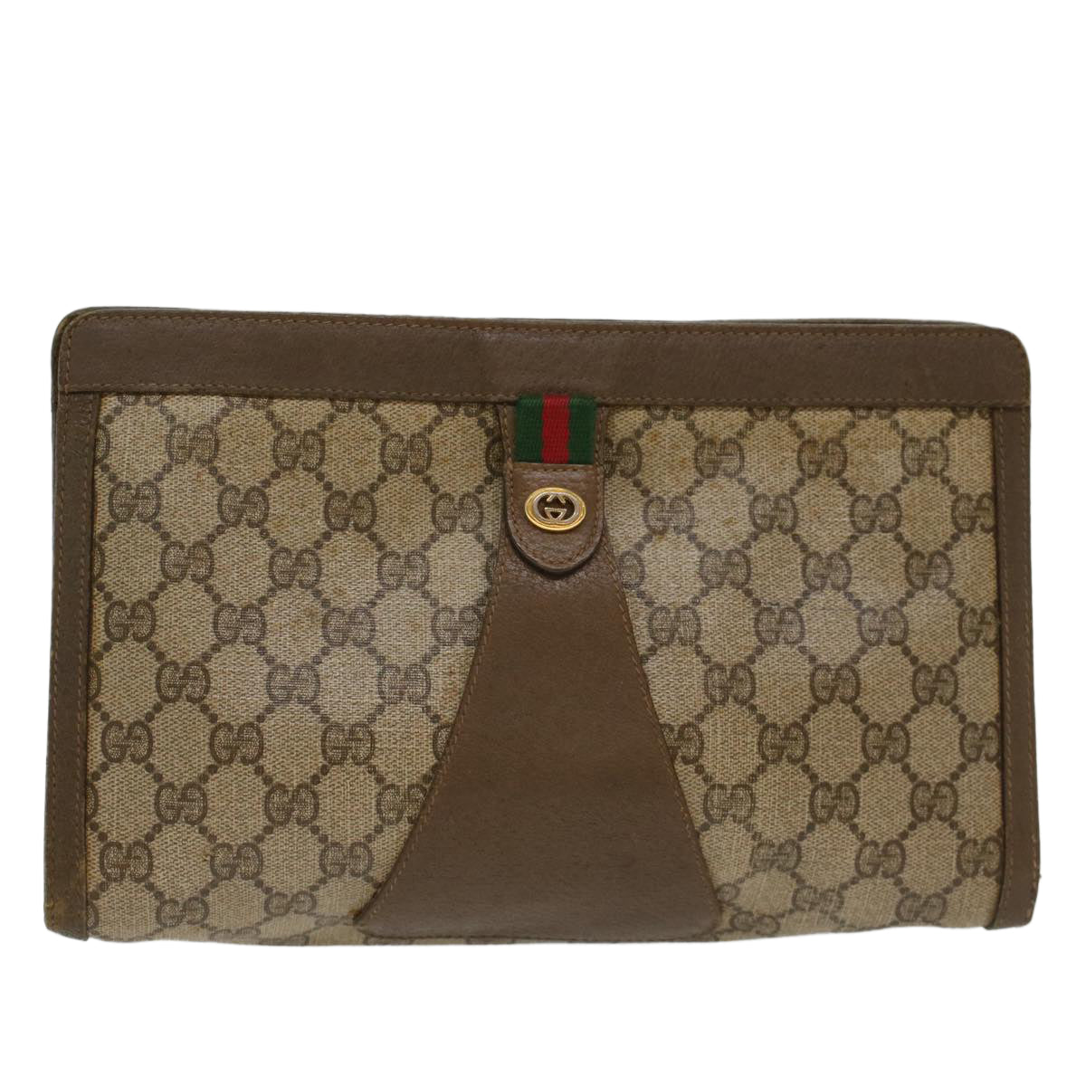 GUCCI GG Canvas Web Sherry Line Clutch Bag Beige Red 56•01•012 Auth ep1196