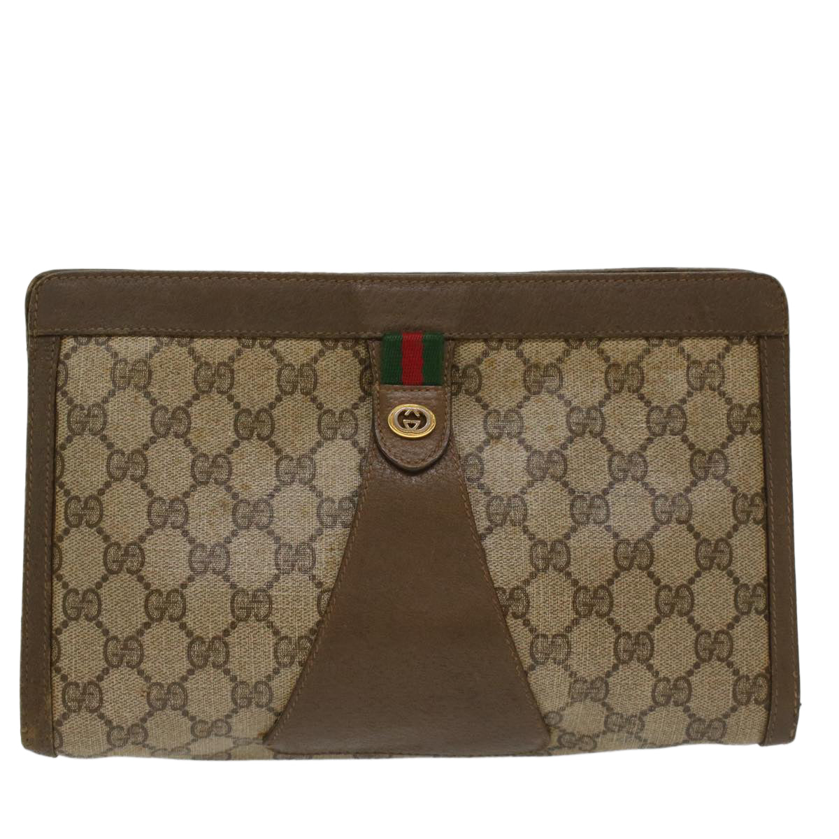 GUCCI GG Canvas Web Sherry Line Clutch Bag Beige Red 56•01•012 Auth ep1196