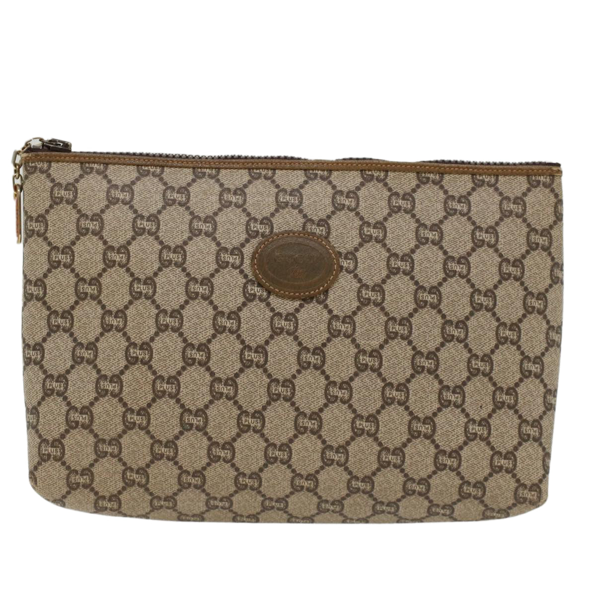 GUCCI GG Plus Canvas Clutch Bag PVC Leather Beige Auth ep1228