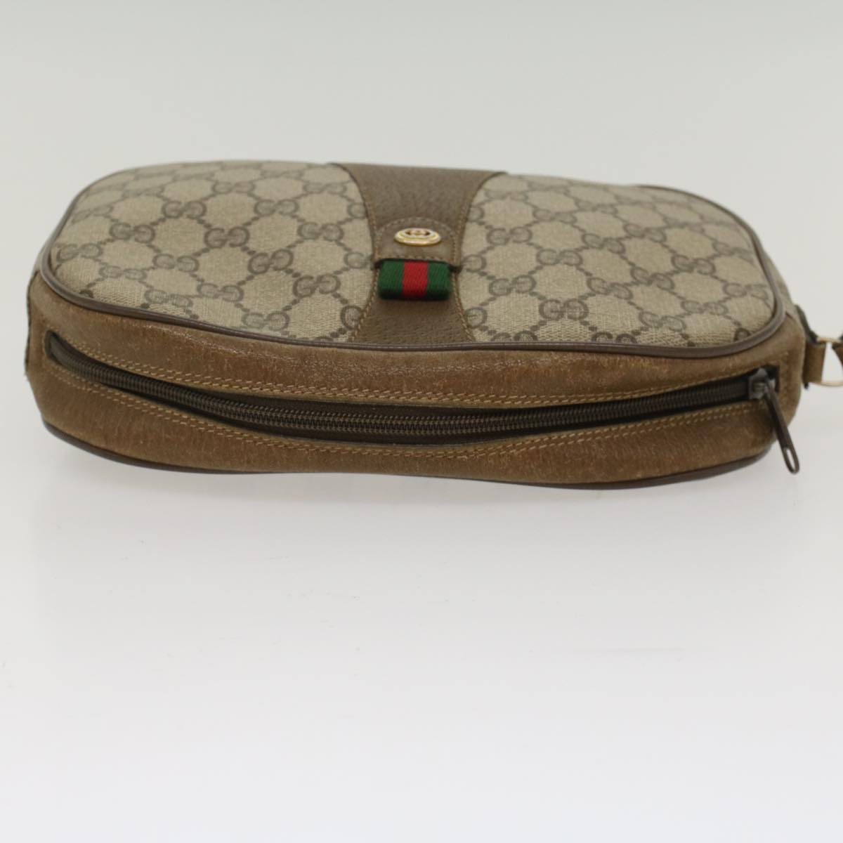 GUCCI GG Canvas Web Sherry Line Clutch Bag PVC Leather Beige Red Auth ep1269