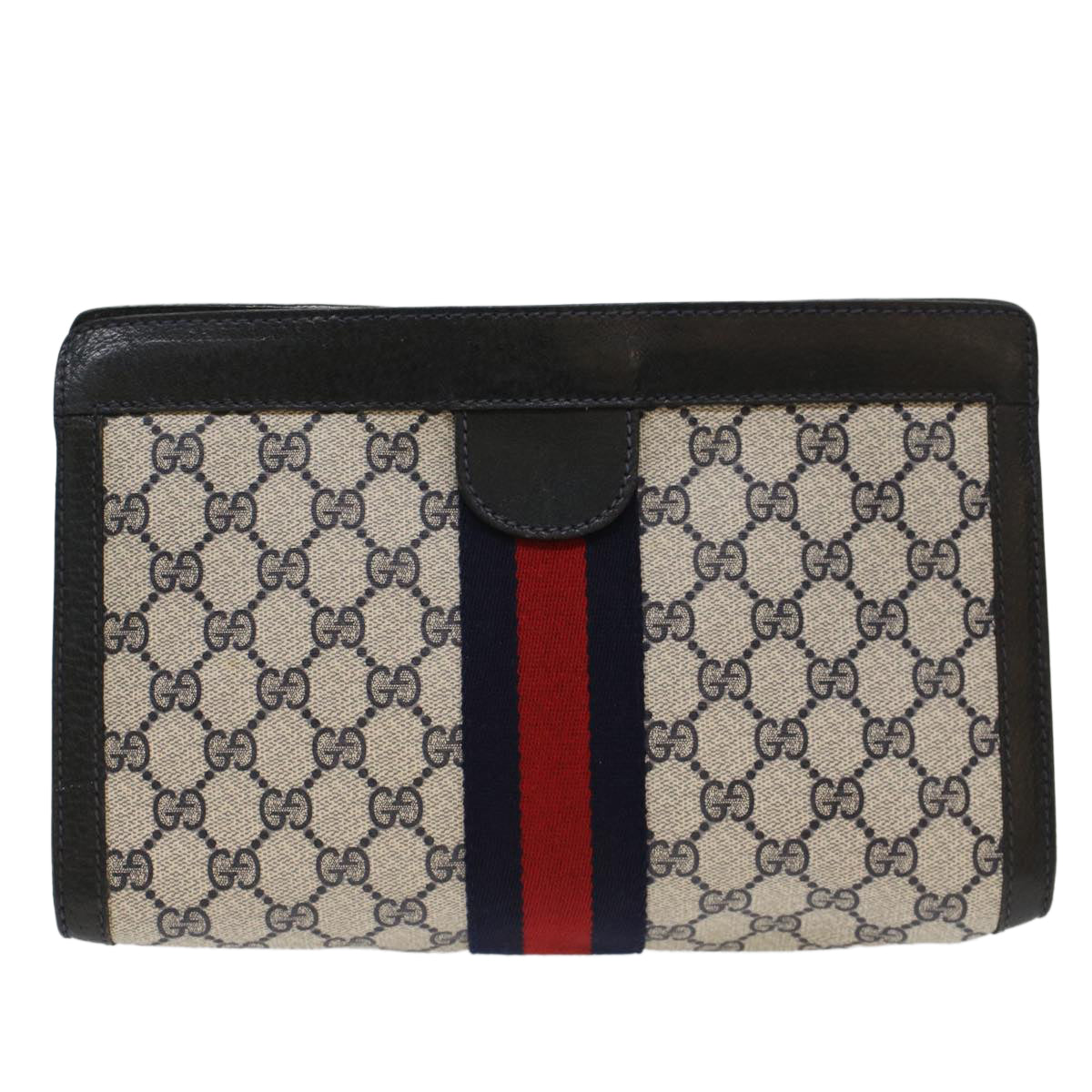 GUCCI GG Canvas Sherry Line Clutch Bag PVC Leather Navy Red Auth ep1288