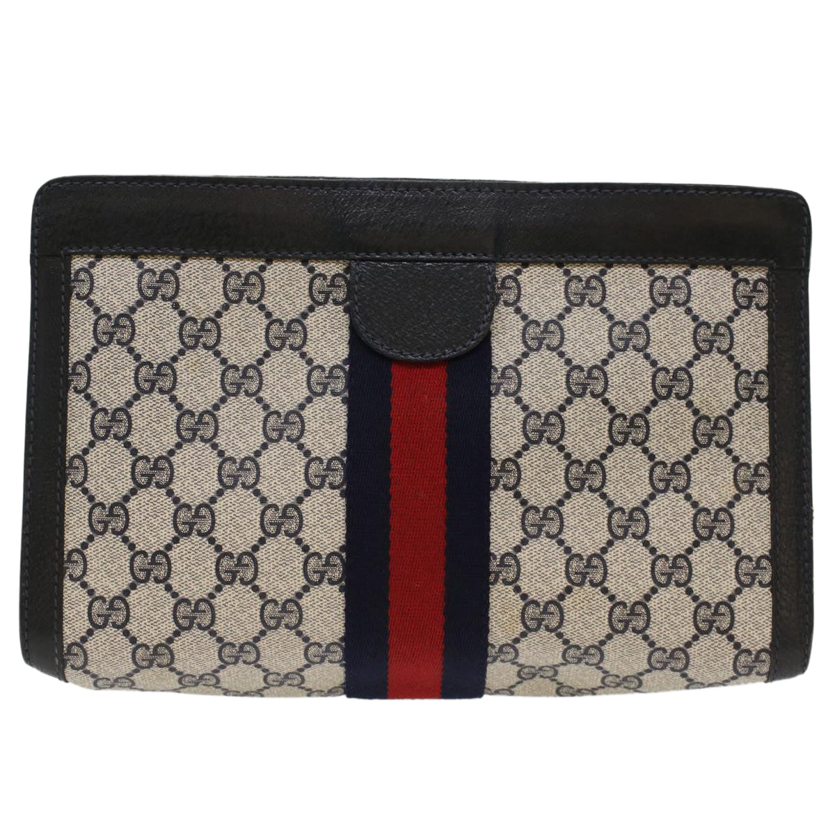 GUCCI GG Canvas Sherry Line Clutch Bag PVC Leather Navy Red Auth ep1288 - 0