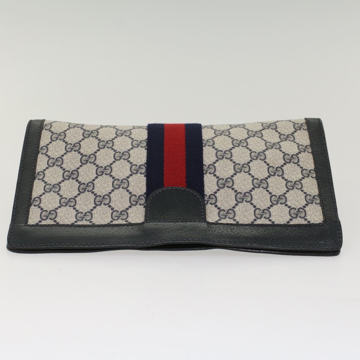 GUCCI GG Canvas Sherry Line Clutch Bag PVC Leather Navy Red Auth ep1288