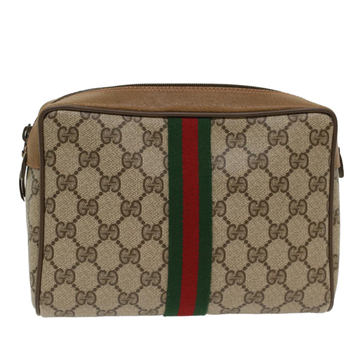 GUCCI GG Canvas Web Sherry Line Clutch Bag PVC Leather Beige Red Auth ep1297