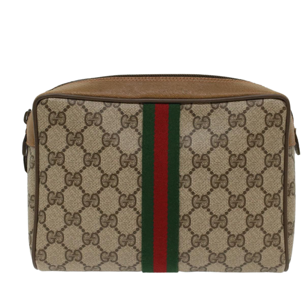 GUCCI GG Canvas Web Sherry Line Clutch Bag PVC Leather Beige Red Auth ep1297