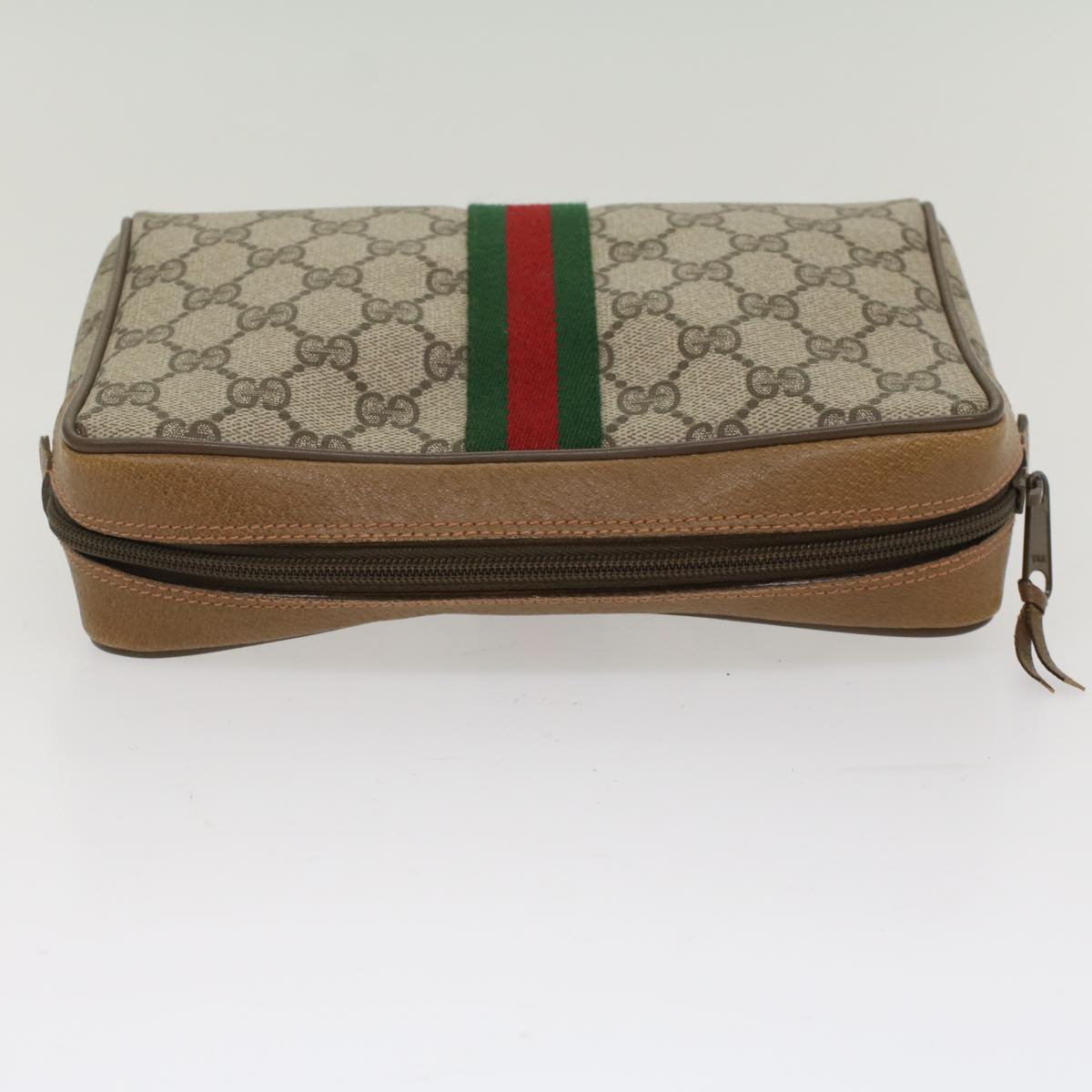 GUCCI GG Canvas Web Sherry Line Clutch Bag PVC Leather Beige Red Auth ep1297