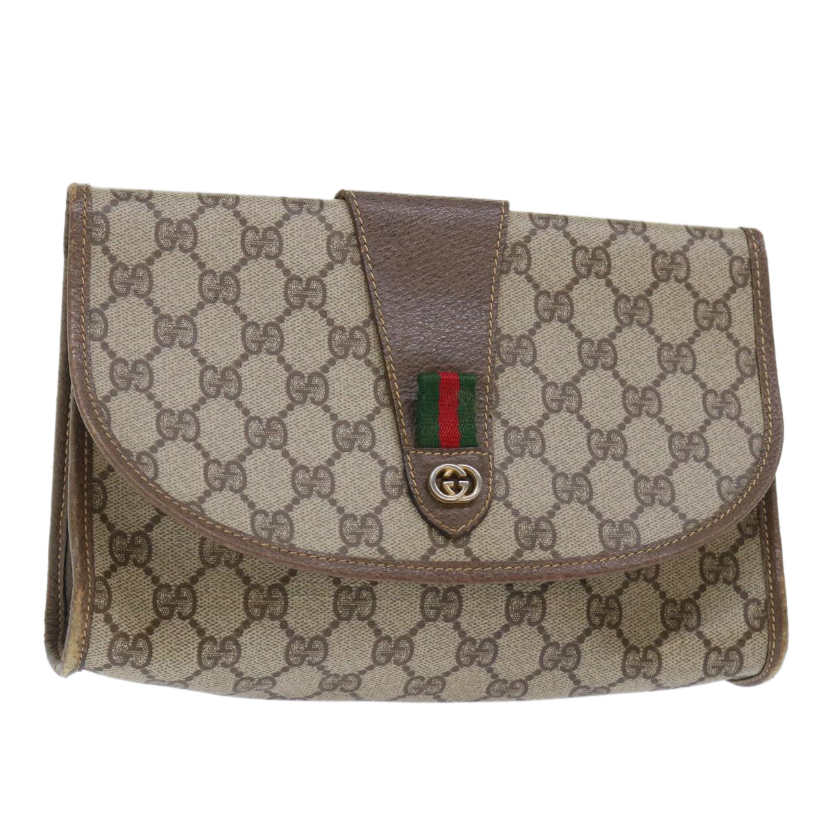 GUCCI GG Canvas Web Sherry Line Clutch Bag PVC Leather Beige Red Auth ep1335