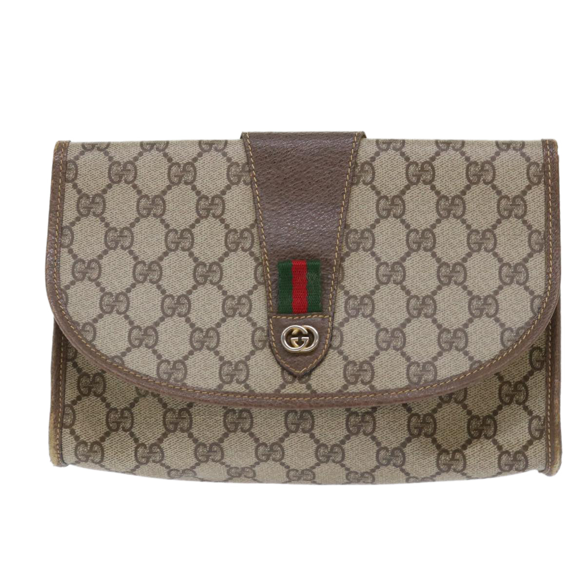 GUCCI GG Canvas Web Sherry Line Clutch Bag PVC Leather Beige Red Auth ep1335