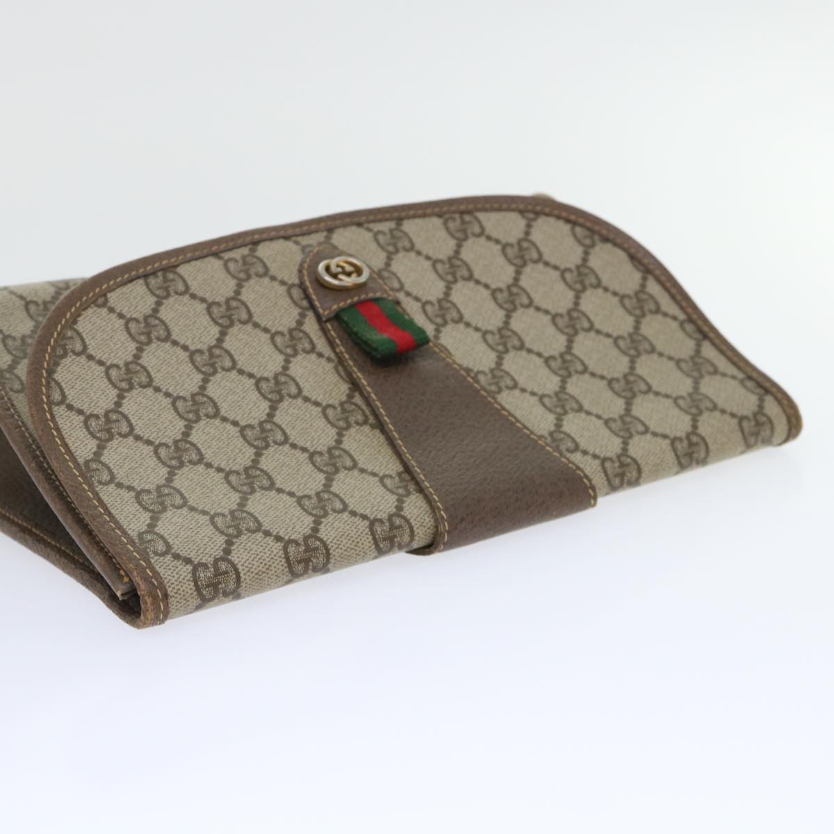 GUCCI GG Canvas Web Sherry Line Clutch Bag PVC Leather Beige Red Auth ep1335