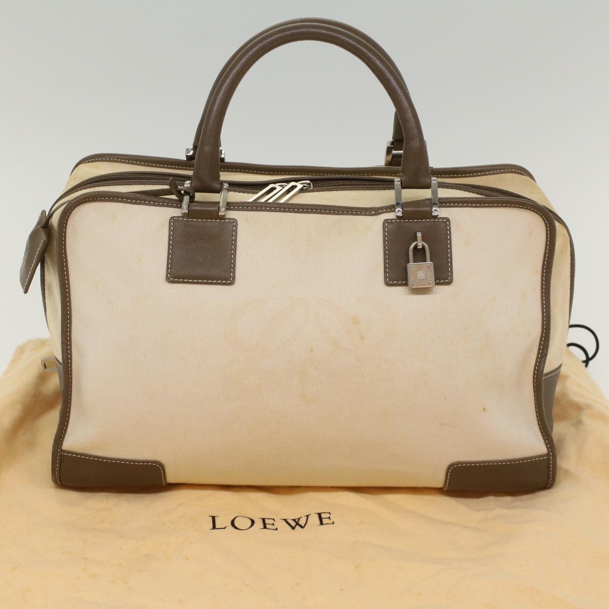 LOEWE Boston Bag Canvas Leather White Auth ep1340