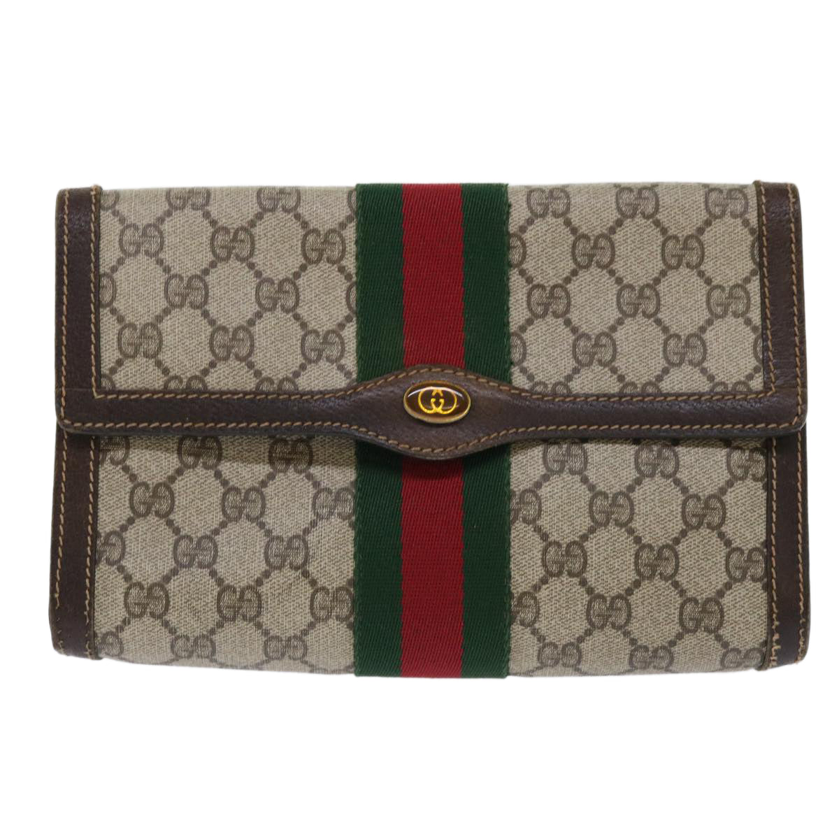 GUCCI GG Canvas Web Sherry Line Clutch Bag PVC Leather Beige Red Auth ep1343