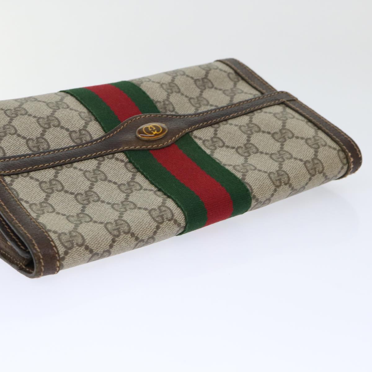 GUCCI GG Canvas Web Sherry Line Clutch Bag PVC Leather Beige Red Auth ep1343