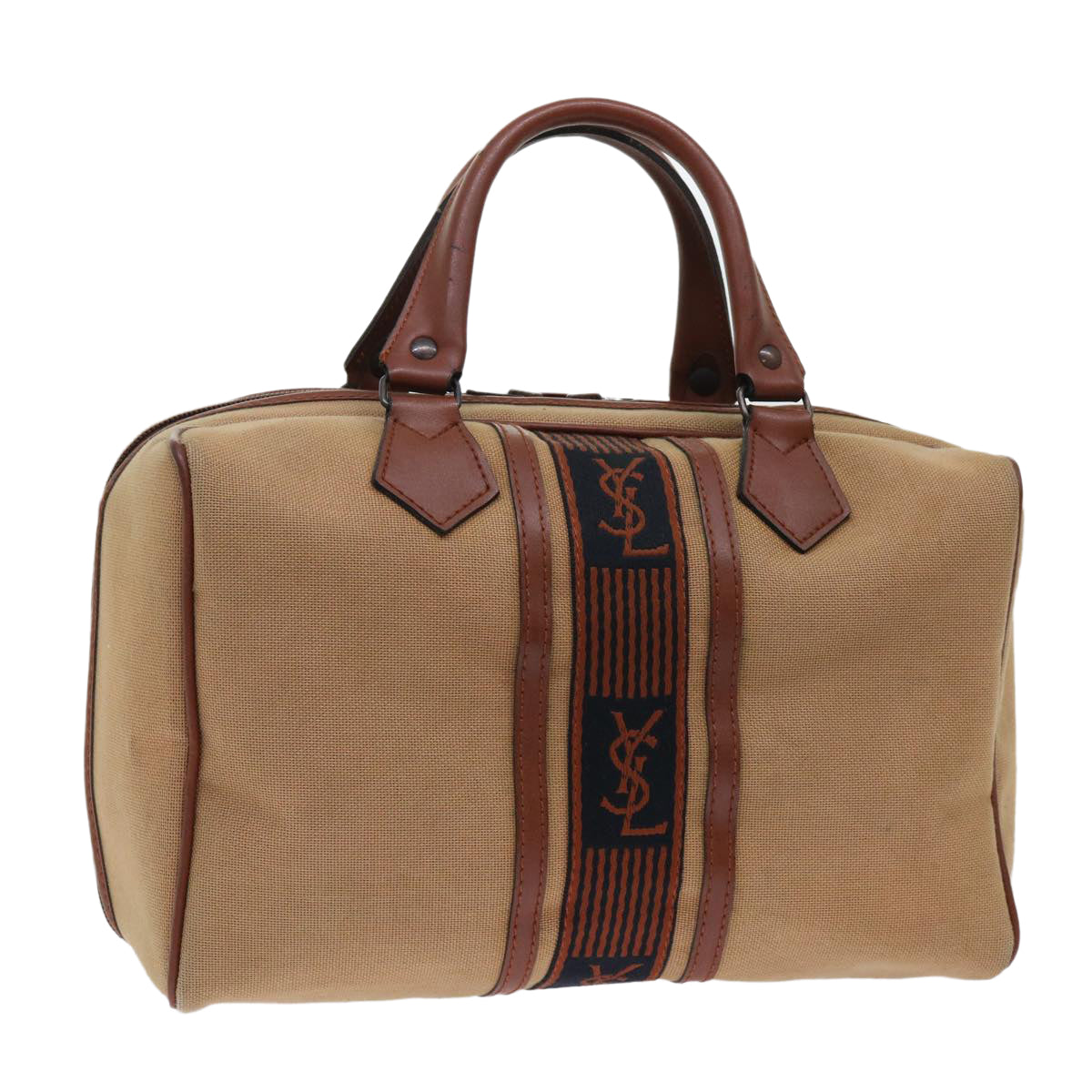 SAINT LAURENT Boston Bag Canvas Leather Brown Auth ep1351