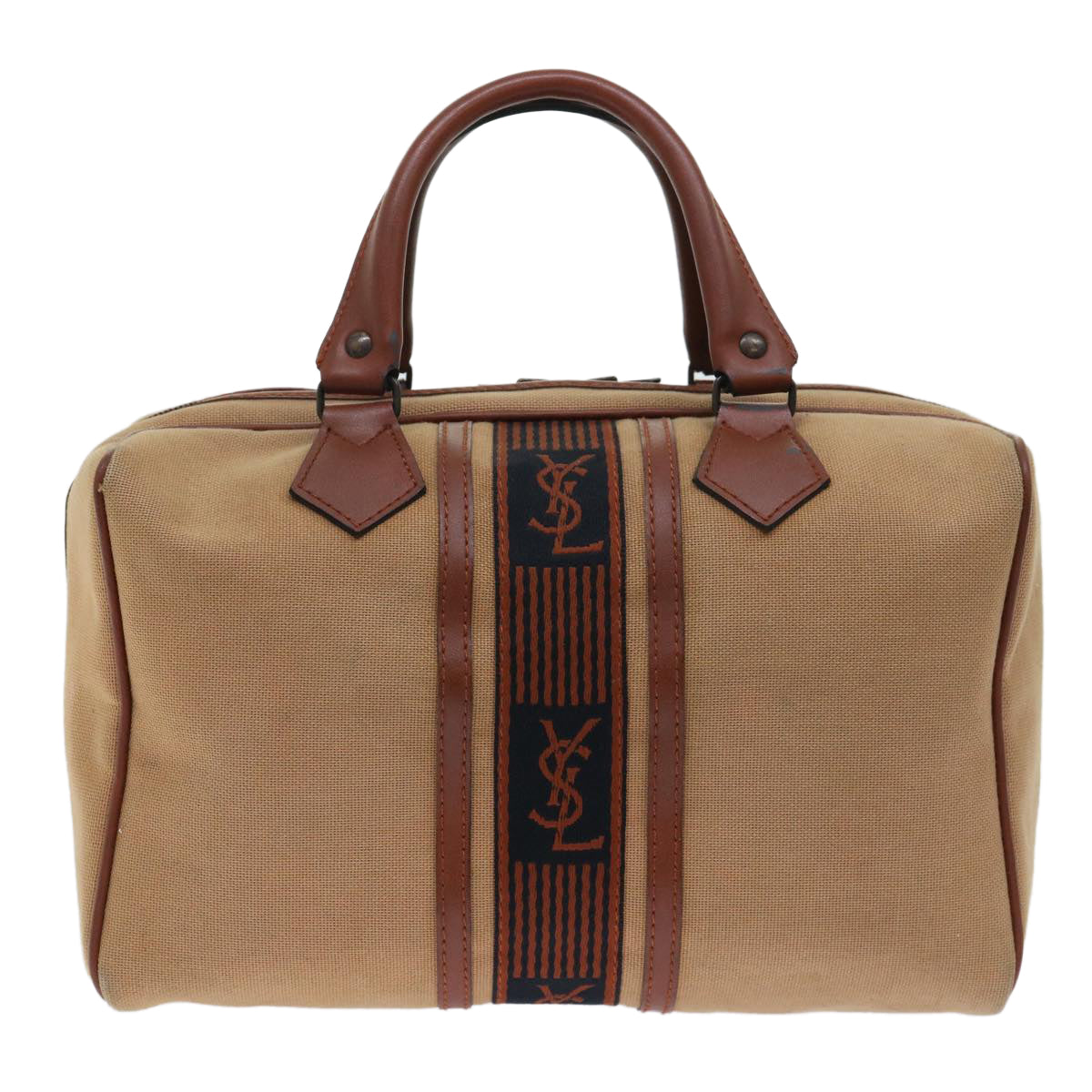 SAINT LAURENT Boston Bag Canvas Leather Brown Auth ep1351 - 0