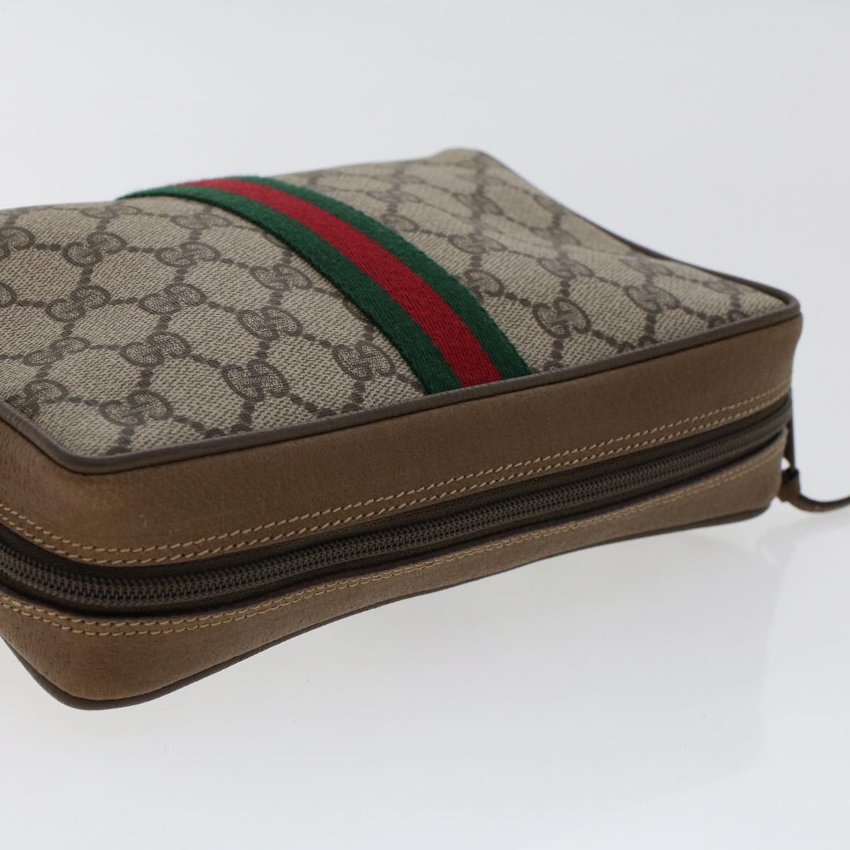 GUCCI GG Canvas Web Sherry Line Clutch Bag PVC Leather Beige Red Auth ep1362