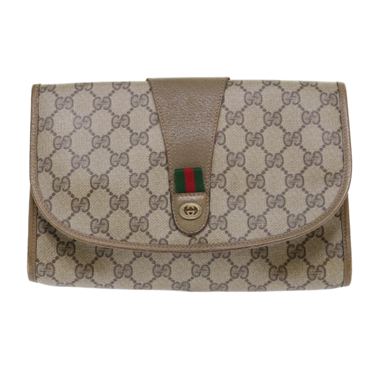 GUCCI GG Canvas Web Sherry Line Clutch Bag PVC Leather Beige Red Auth ep1380