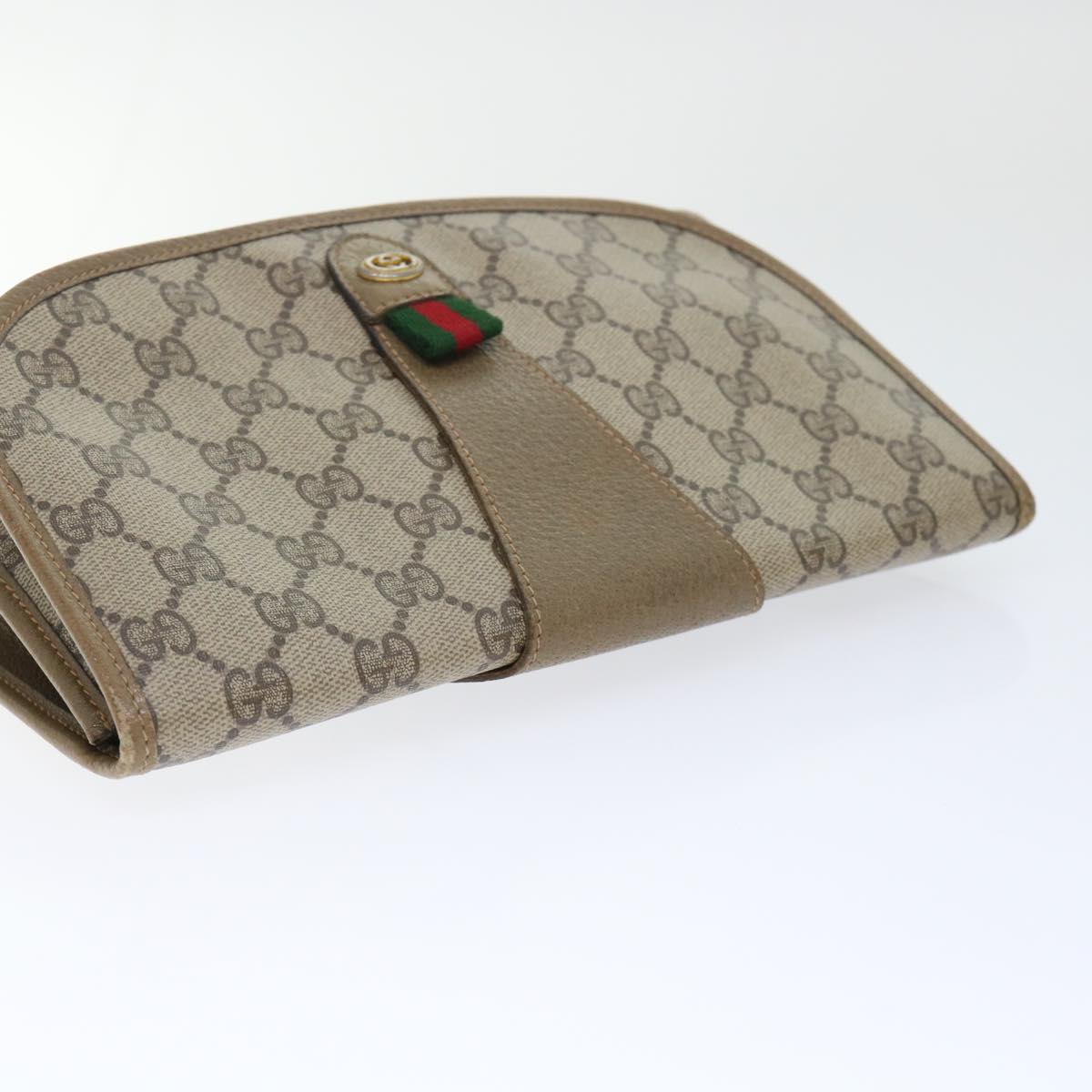 GUCCI GG Canvas Web Sherry Line Clutch Bag PVC Leather Beige Red Auth ep1380