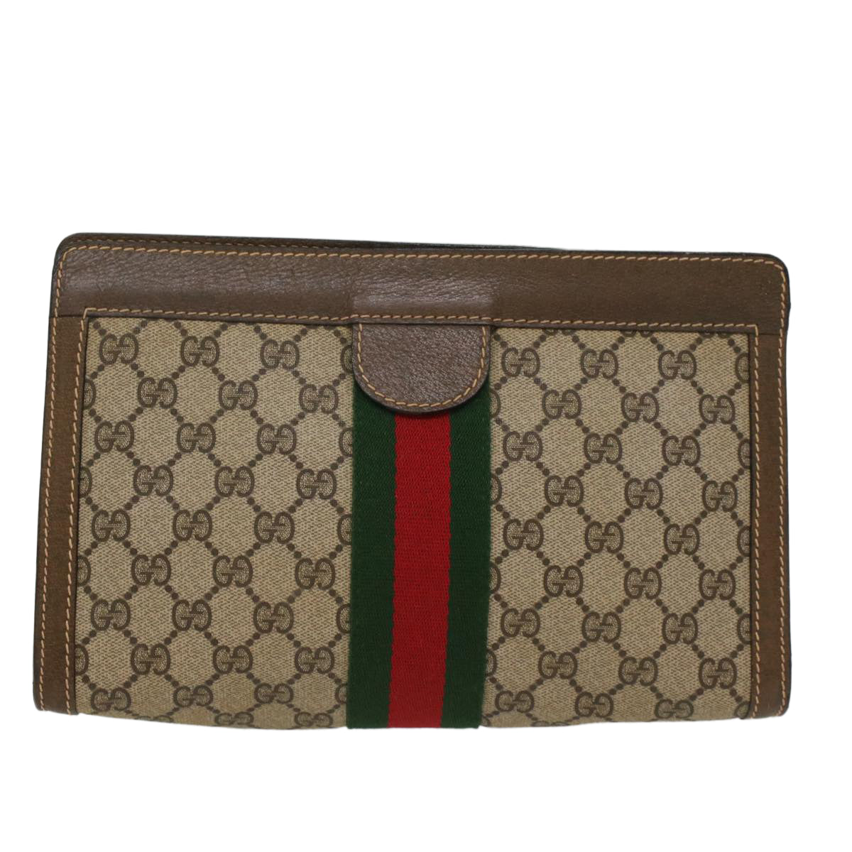 GUCCI GG Canvas Web Sherry Line Clutch Bag PVC Leather Beige Red Auth ep1395