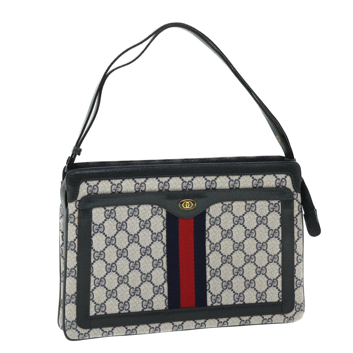 GUCCI GG Canvas Sherry Line Shoulder Bag PVC Leather Gray Navy Red Auth ep1436