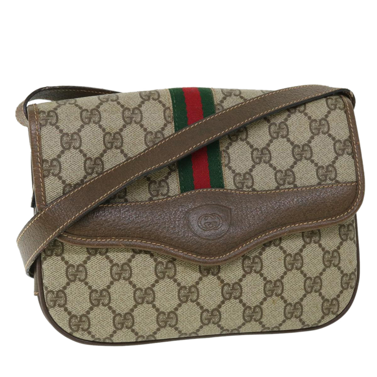 GUCCI GG Canvas Web Sherry Line Shoulder Bag PVC Leather Beige Red Auth ep1504