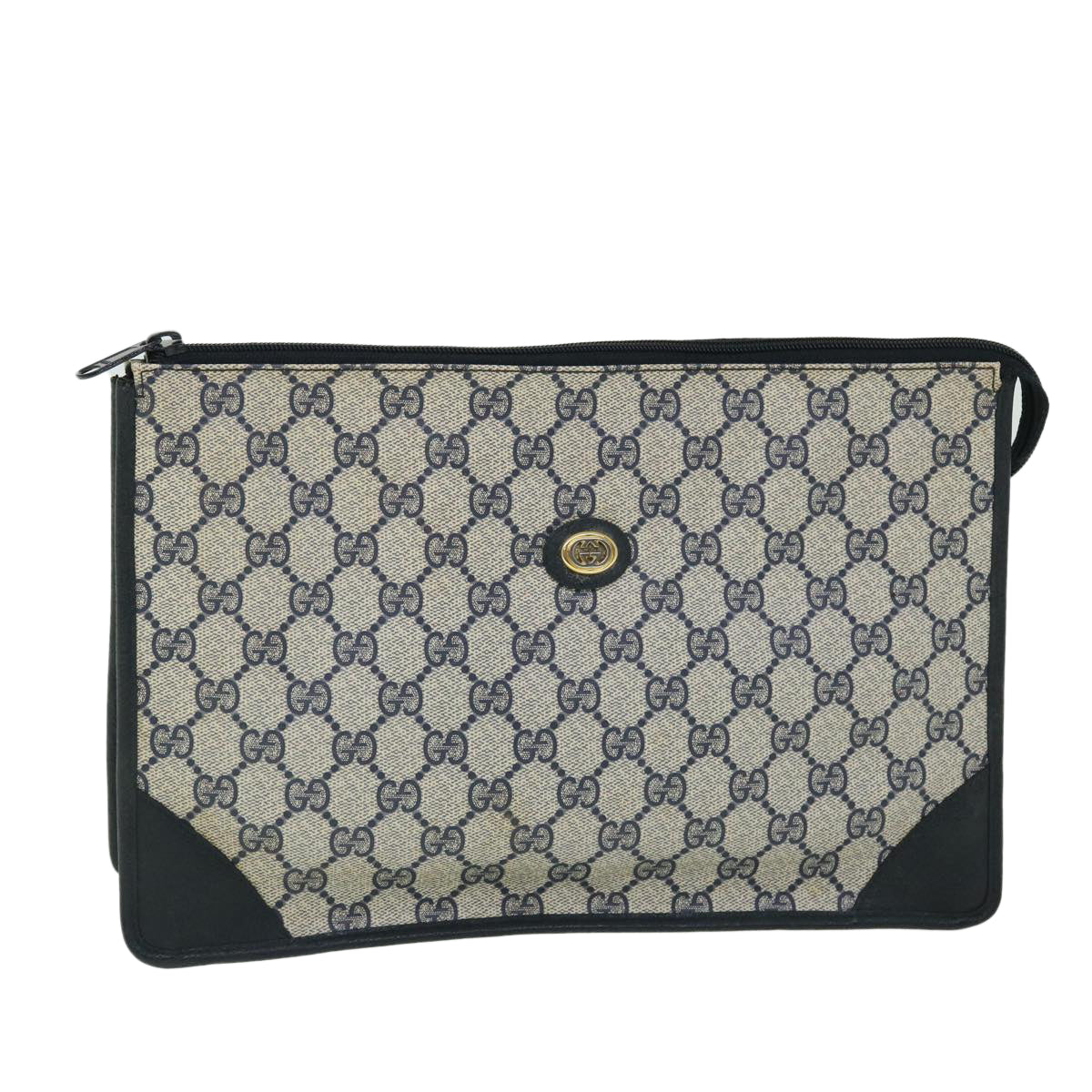 GUCCI GG Canvas Clutch Bag PVC Leather Gray Navy Auth ep1559