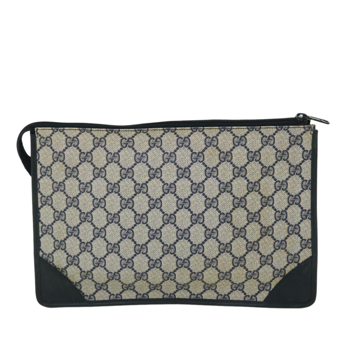 GUCCI GG Canvas Clutch Bag PVC Leather Gray Navy Auth ep1559