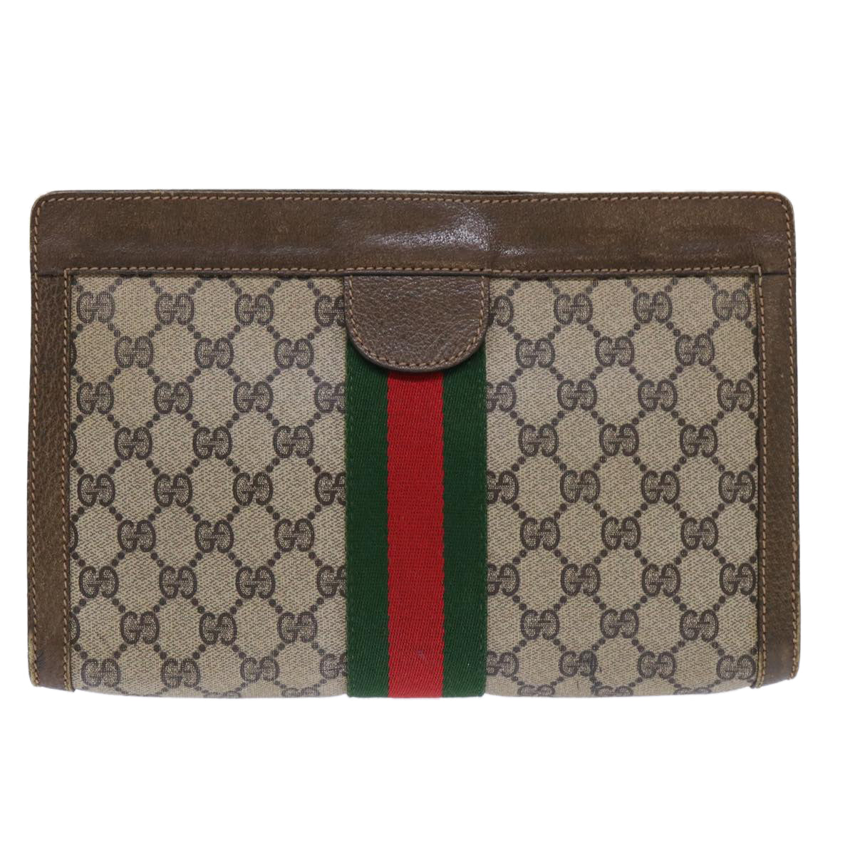 GUCCI GG Canvas Web Sherry Line Clutch Bag PVC Leather Beige Red Auth ep1571