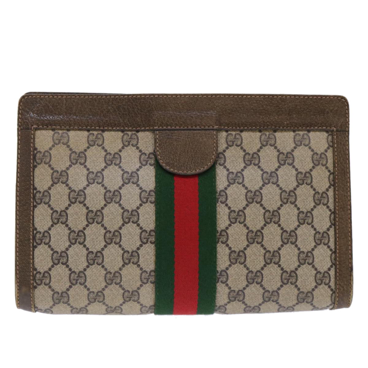 GUCCI GG Canvas Web Sherry Line Clutch Bag PVC Leather Beige Red Auth ep1571