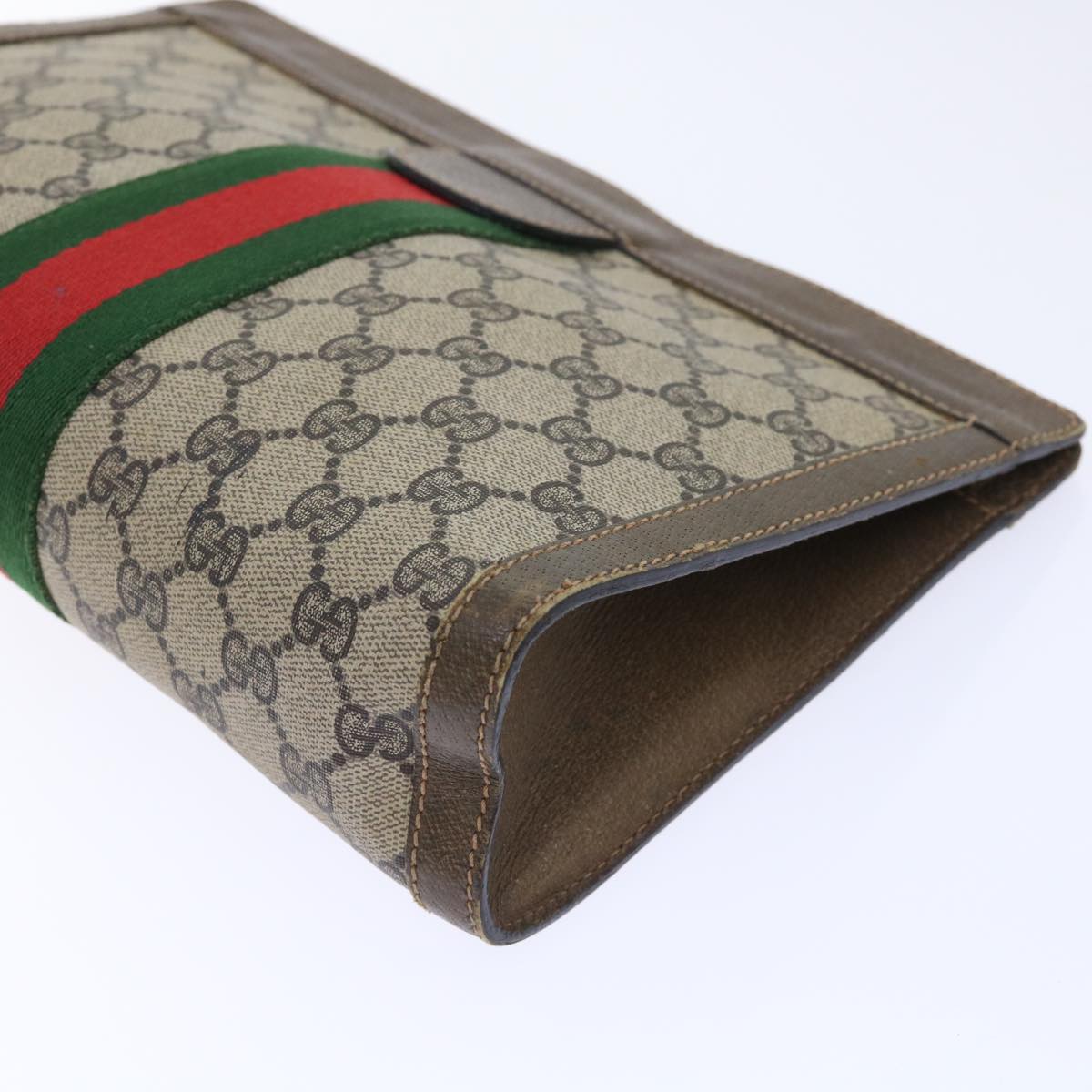 GUCCI GG Canvas Web Sherry Line Clutch Bag PVC Leather Beige Red Auth ep1571