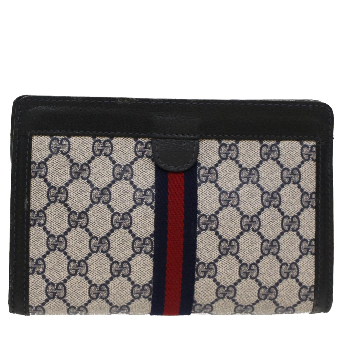 GUCCI GG Canvas Sherry Line Clutch Bag Gray Red Navy 04 014 2125 23 Auth ep1574