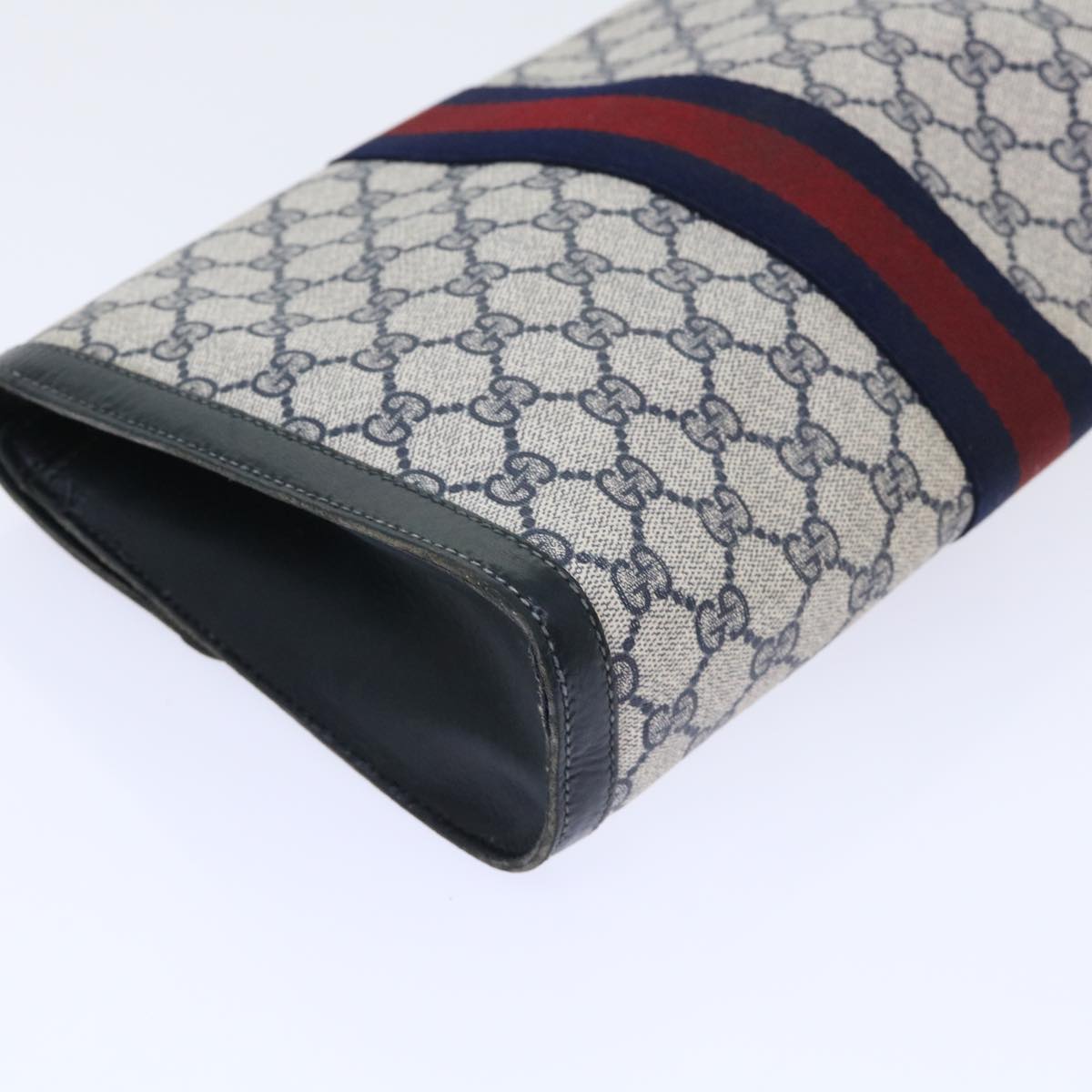 GUCCI GG Canvas Sherry Line Clutch Bag Gray Red Navy 07 014 3087 Auth ep1579