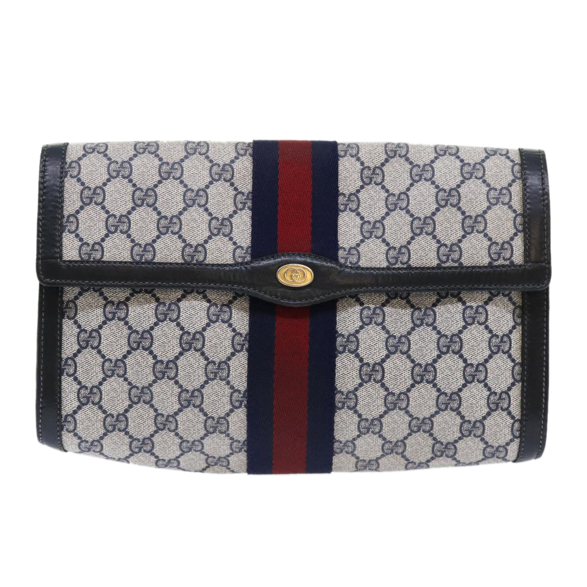 GUCCI GG Canvas Sherry Line Clutch Bag Gray Red Navy 07 014 3087 Auth ep1579