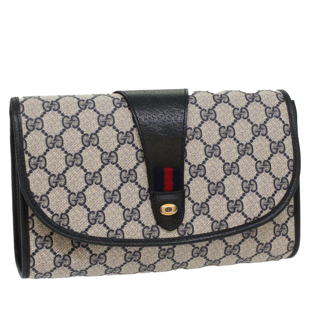 GUCCI GG Canvas Sherry Line Clutch Bag Gray Red Navy 89 01 030 Auth ep1612