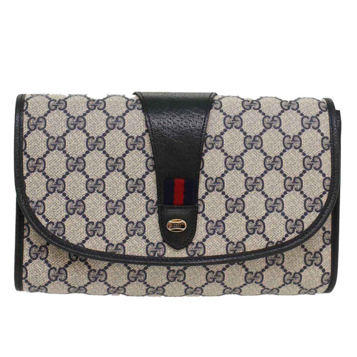 GUCCI GG Canvas Sherry Line Clutch Bag Gray Red Navy 89 01 030 Auth ep1612