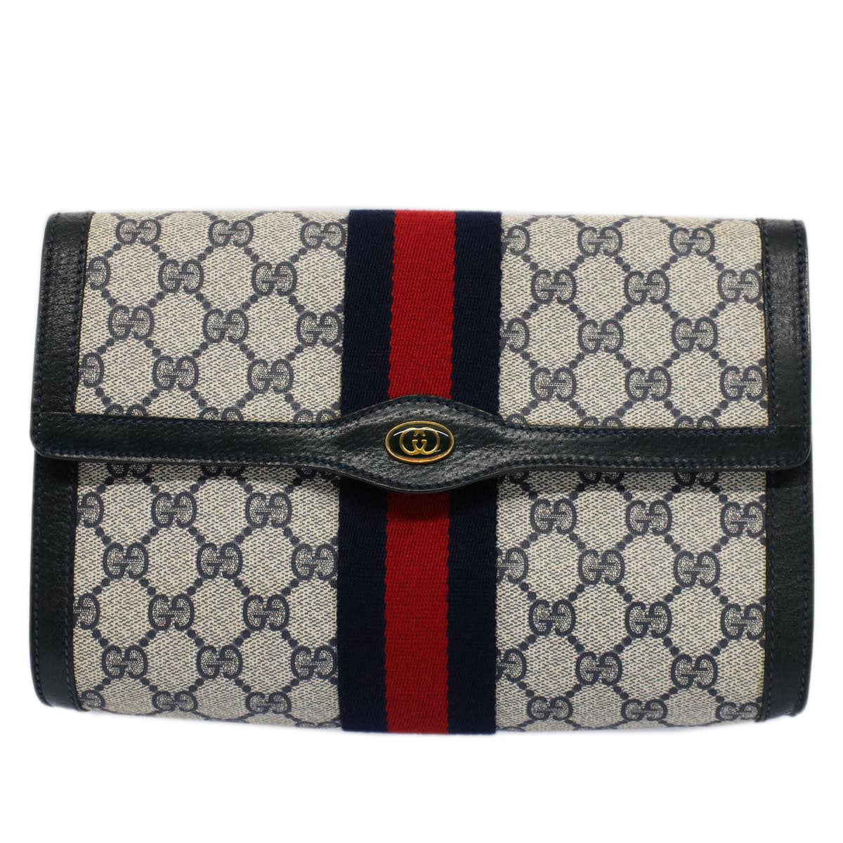 GUCCI GG Canvas Sherry Line Clutch Bag Gray Red Navy 89 01 006 Auth ep1654 - 0