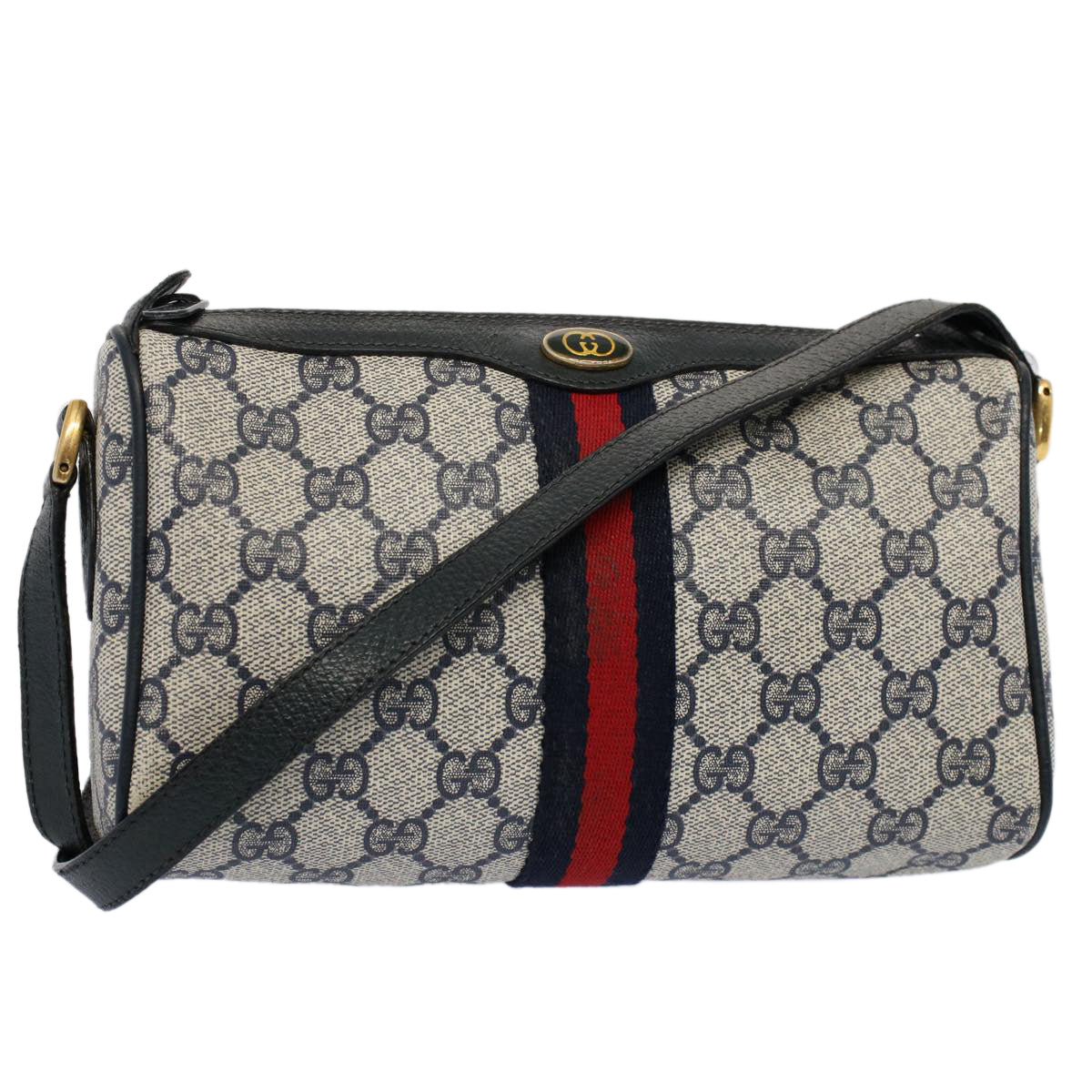 GUCCI GG Canvas Sherry Line Shoulder Bag Gray Red Navy 89 02 018 Auth ep1660