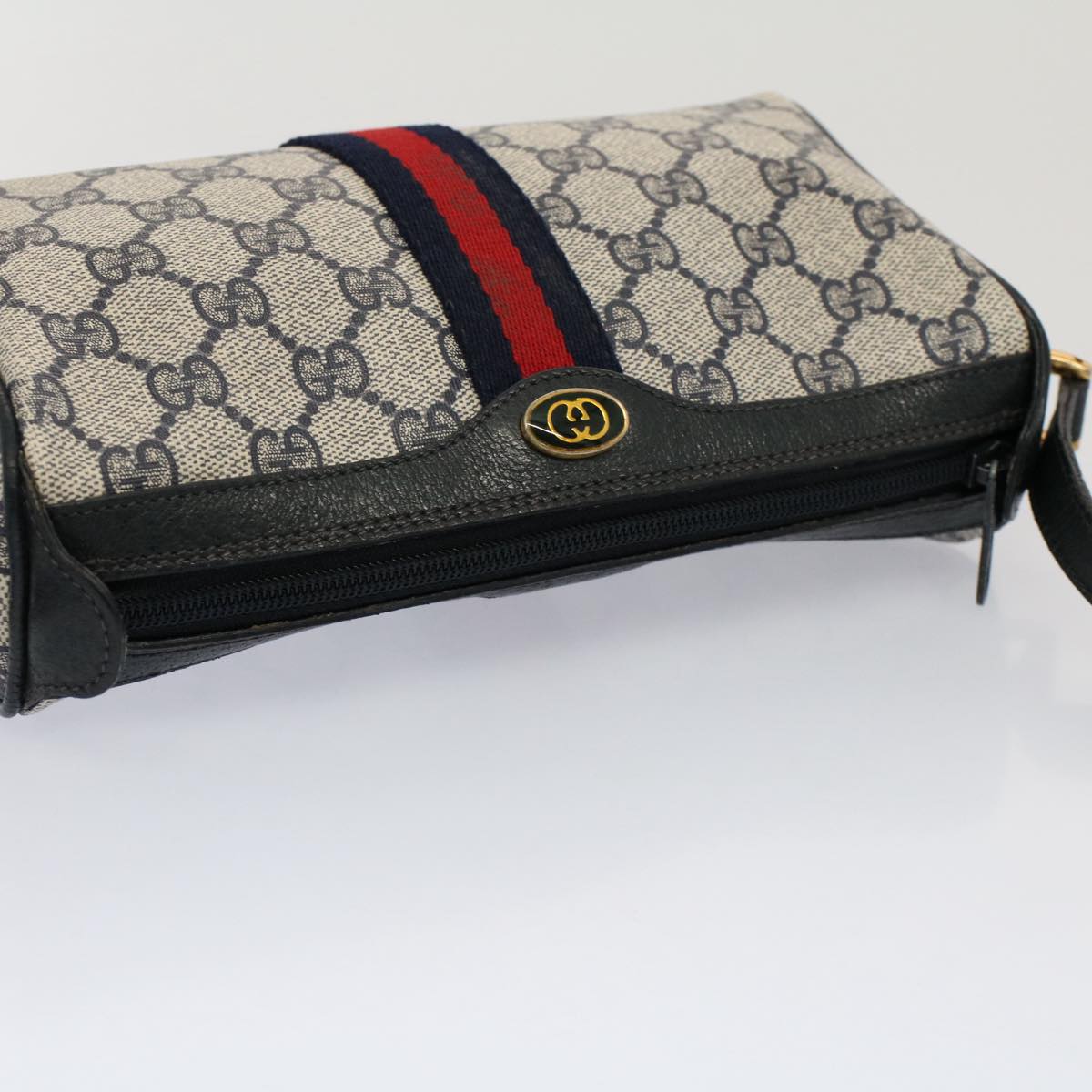 GUCCI GG Canvas Sherry Line Shoulder Bag Gray Red Navy 89 02 018 Auth ep1660