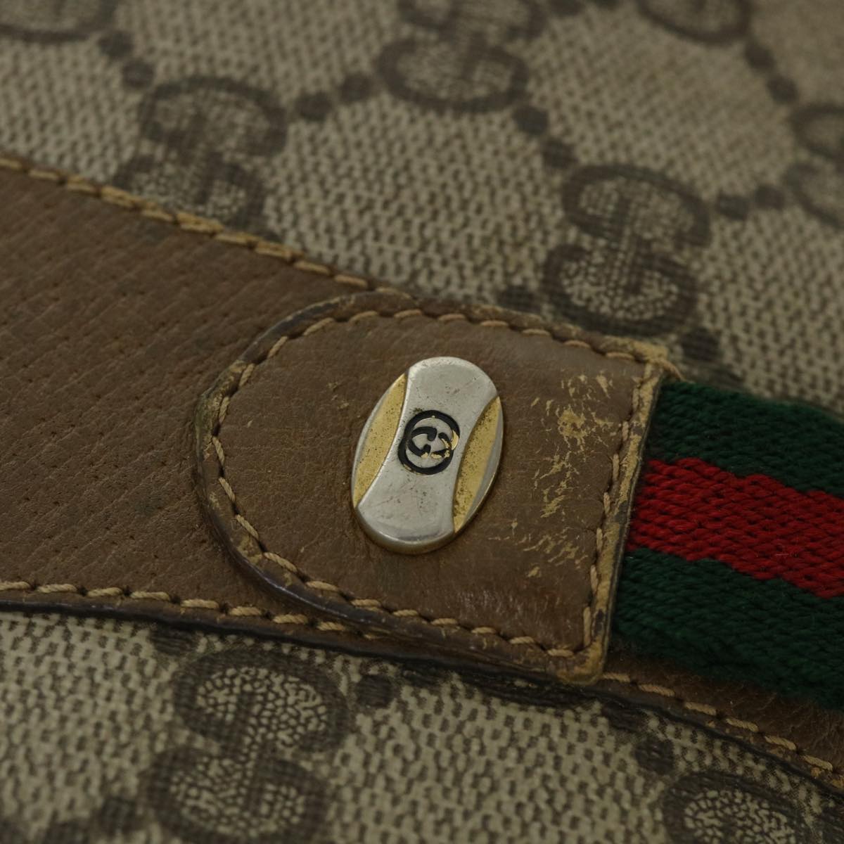 GUCCI GG Canvas Web Sherry Line Clutch Bag PVC Leather Beige Green Auth ep1670