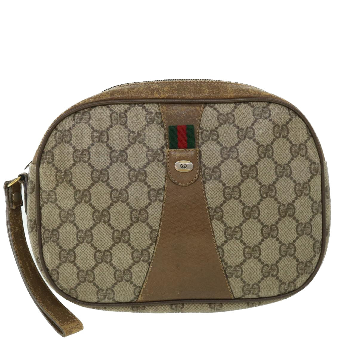 GUCCI GG Canvas Web Sherry Line Clutch Bag PVC Leather Beige Green Auth ep1670