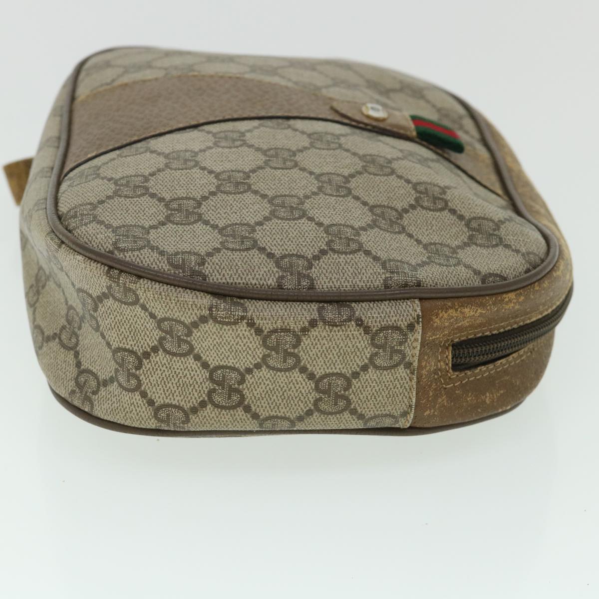 GUCCI GG Canvas Web Sherry Line Clutch Bag PVC Leather Beige Green Auth ep1670