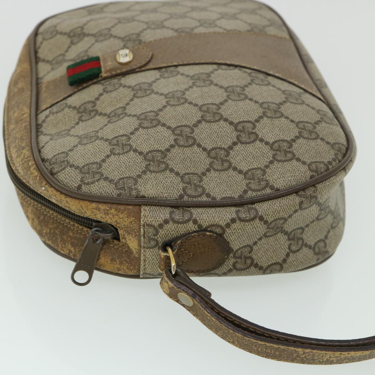 GUCCI GG Canvas Web Sherry Line Clutch Bag PVC Leather Beige Green Auth ep1670