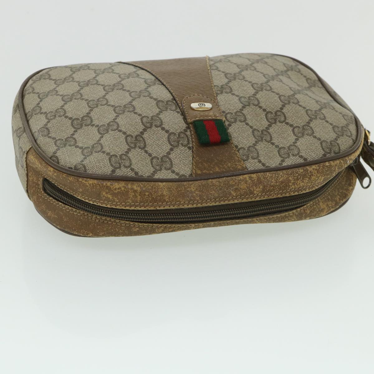 GUCCI GG Canvas Web Sherry Line Clutch Bag PVC Leather Beige Green Auth ep1670