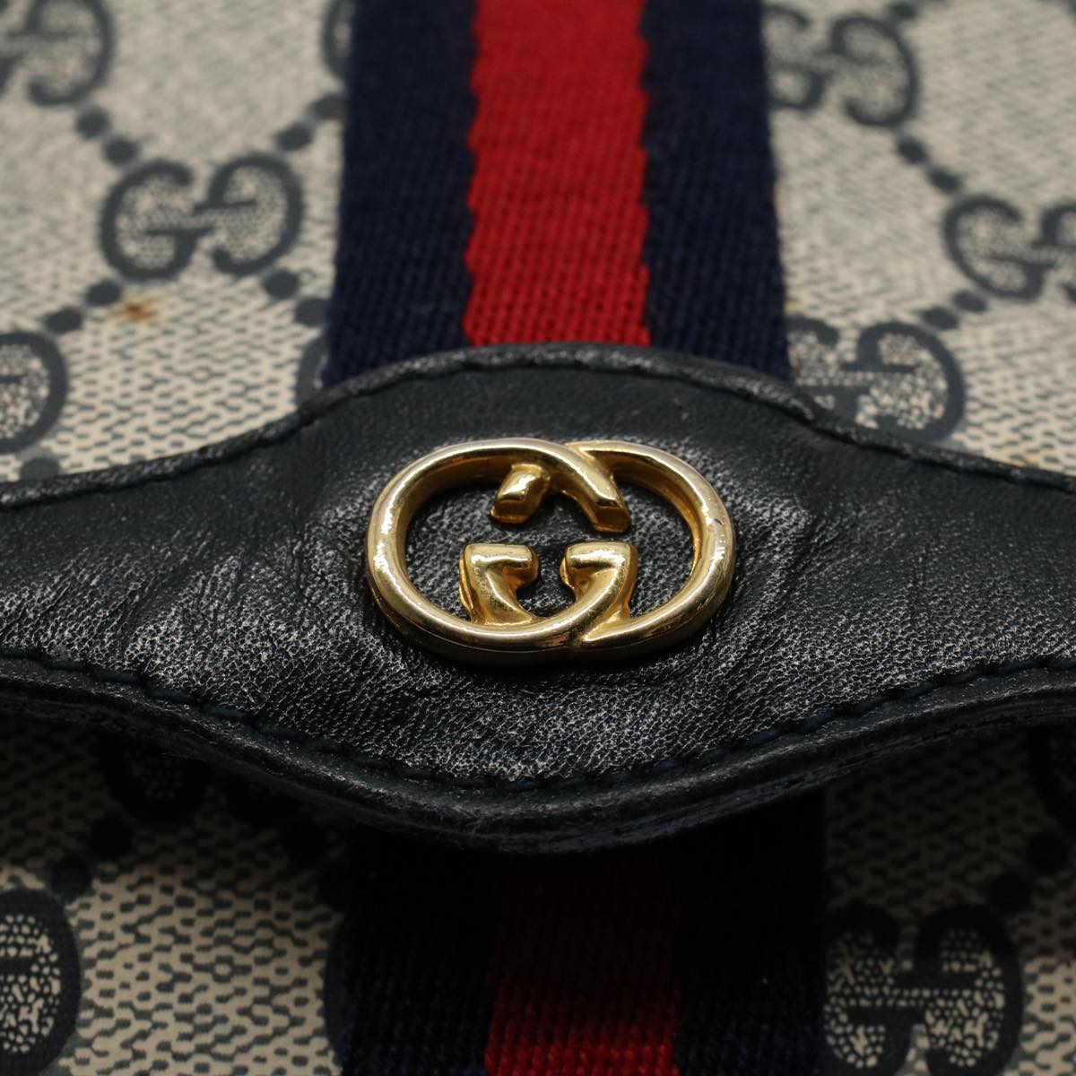 GUCCI GG Canvas Sherry Line Clutch Bag PVC Leather Gray Red Navy Auth ep1790